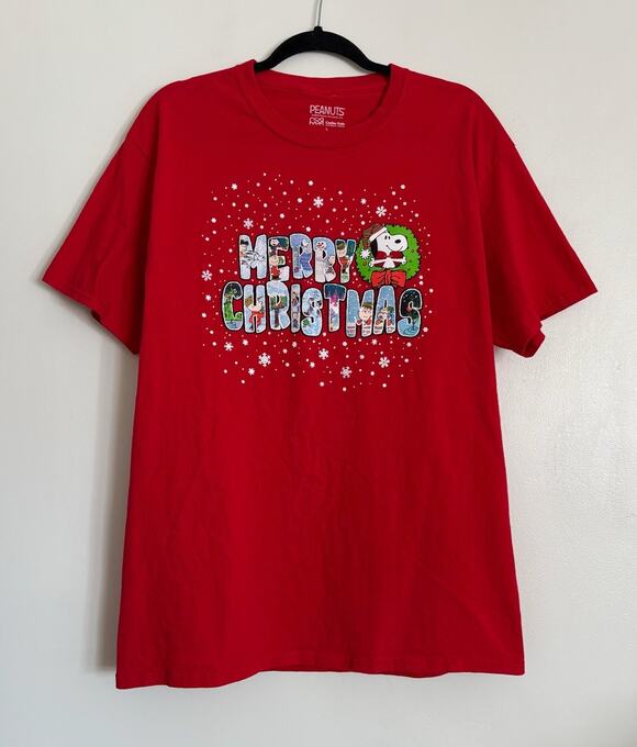 Peanuts Tops - Red Peanuts 'Merry Christmas' Character Cotton Graphic T-Shirt L